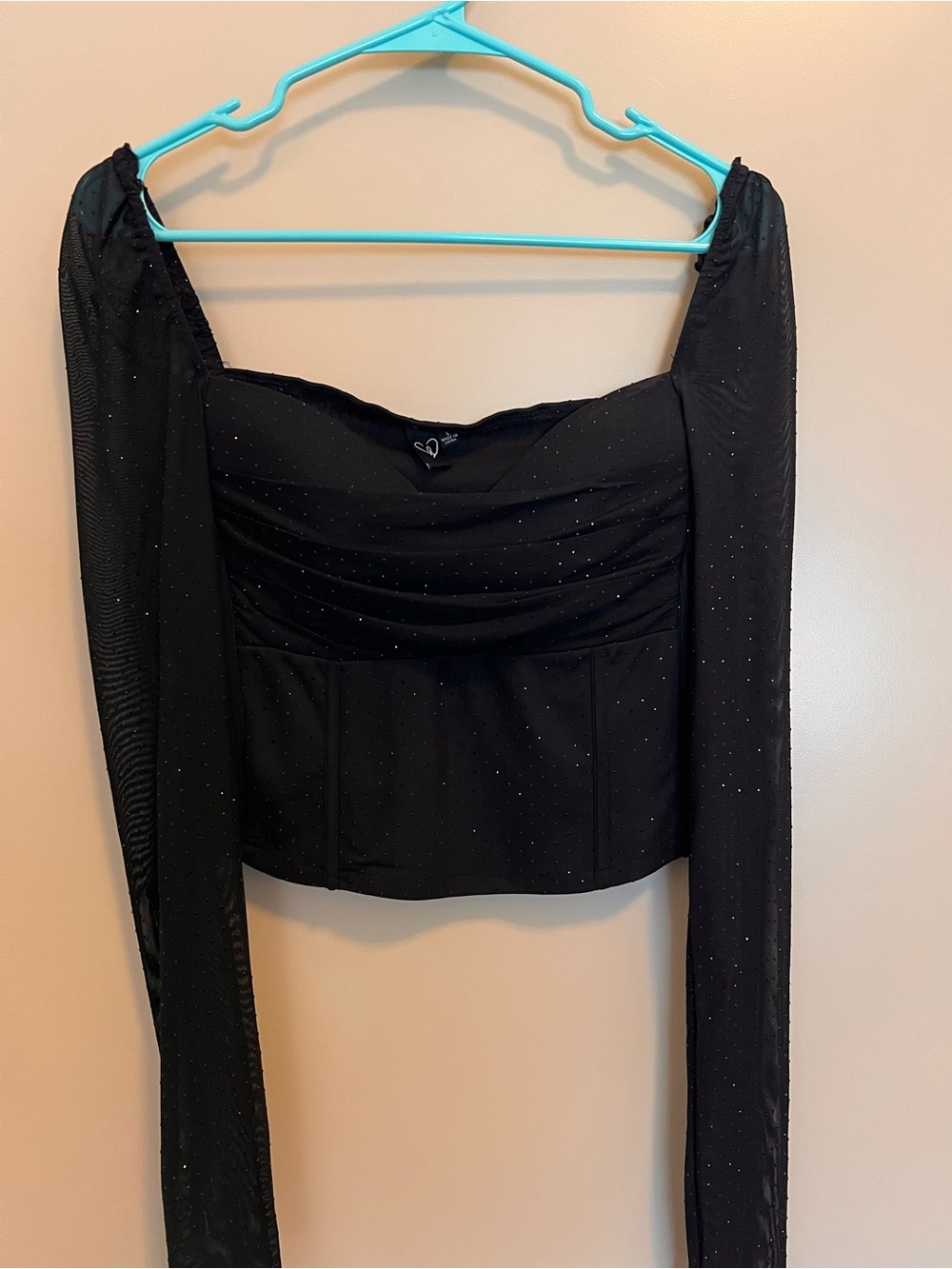 SO Black Sparkle Off-Shoulder Long Sleeve Crop Top